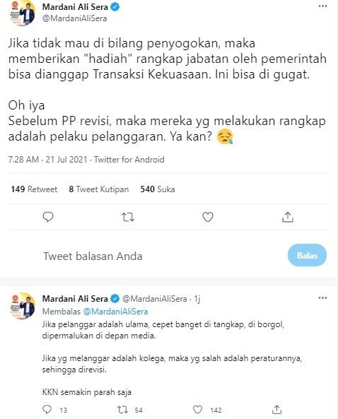 Mardani kritik Jokowi revisi statuta UI (Twitter/mardanialisera)