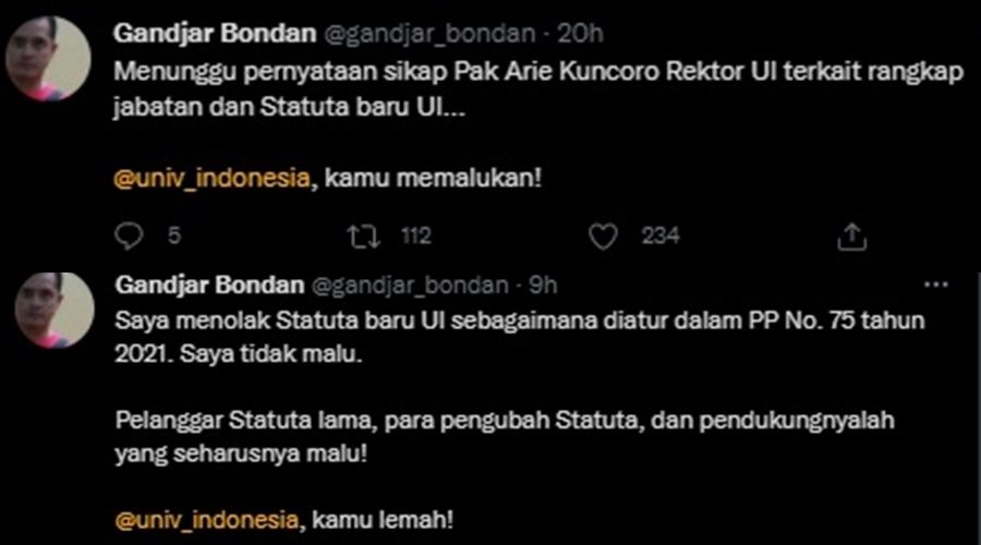 Dosen UI Kritik Perubahan Statuta UI. (Twitter/@gandjar_bondan)