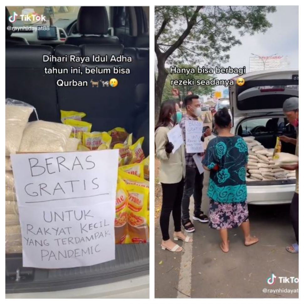 Berbagi beras dan minyak gratis di Idul Adha (TikTok @raynhidayat88)