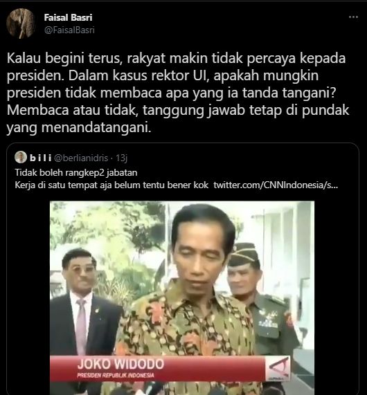 Faisal Basri mengungkap kecurigaan soal perubahan Statuta UI. (Twitter/FaisalBasri)