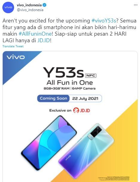 Vivo Y53s NFC siap rilis ke Indonesia. (Twitter/ vivo_indonesia)
