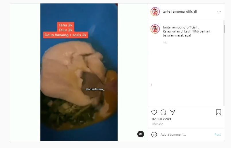 Masak dengan uang Rp10 ribu (Instagram @tante_rempong_officiall)