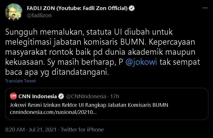 Kicauan Fadli Zon.(Twitter)