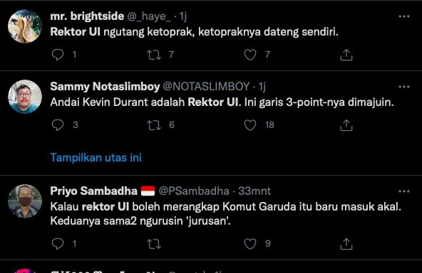 Cuitan warganet tentang rektor UI [Twitter]