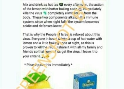 CEK FAKTA Viral Info Campuran Lemon dan Soda Kue Bisa Bunuh Virus Corona. (Turnbackhoax.id)