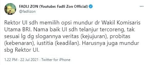 Fadli Zon minta Ari Kuncoro juga mundur dari Rektor UI (Twitter/fadlizon)