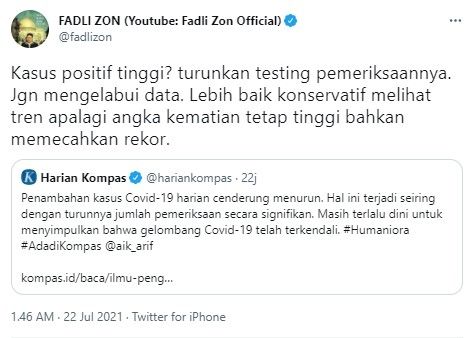 Fadli Zon soroti angka testing Covid-19 turun terus (Twitter/fadlizon)