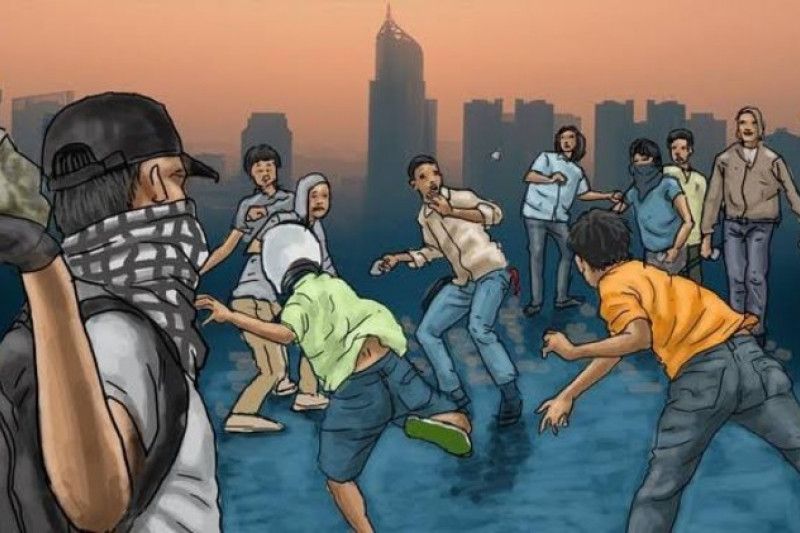 Ilustrasi tawuran antarwarga. Polisi meringkus enam pelaku tawuran di Belawan, Kota Medan. Tawuran tersebut diketahui terjadi pada Rabu (21/7/2021) dini hari. [Antara]