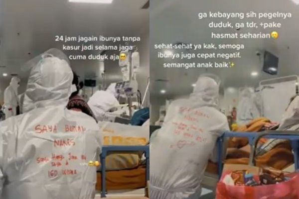 Viral Momen Mengharukan Anak Pakai APD Setia Jaga Ibu 24 Jam di IGD. (Instagram/@makassar_iinfo)