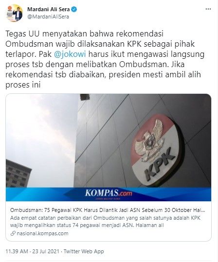 Mardani minta Jokowi turun tangan tindaklanjuti temuan Ombudsman soal 75 pegawai KPK (Twitter)