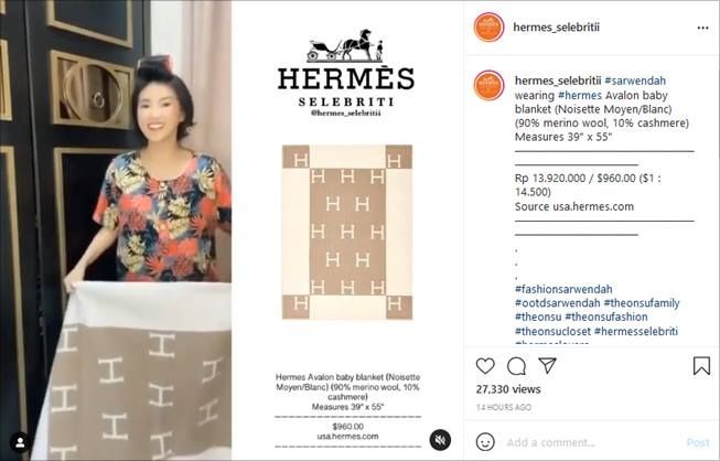 Harga selimut Hermes yang dipakai Sarwendah main TikTok. (Instagram/@hermes_selebritii)