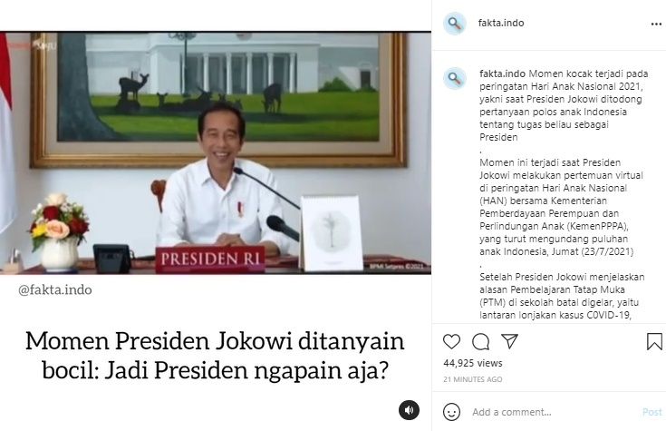 Viral Reaksi Jokowi Dicecar Bocil di Hari Anak Nasional. (Instagram/@fakta.indo)