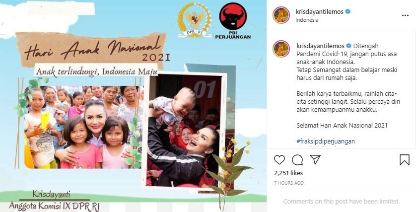 Ucapan Selamat Hari Anak Nasional 2021 dari Krisdayanti. (Instagram)