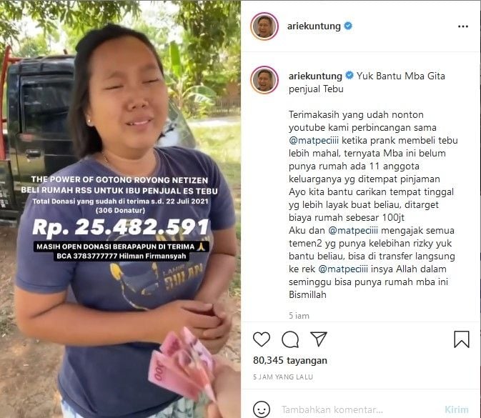 Unggahan Arie Untung tentang penggalangan dana untuk membeli rumah buat Gita Avianti si penjual es tebu. [Instagram]