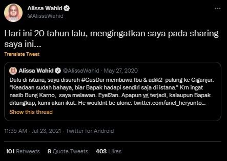 Alissa Wahid Kenang Detik-detik Pemakzulan Gus Dur Saat di Istana. (Twitter/@AlissaWahid)