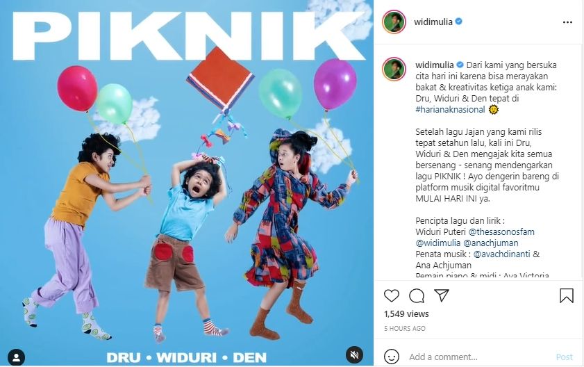 Ucapan Selamat Hari Anak Nasional 2021 dari Widi Mulia. (Instagram)