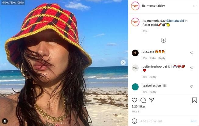 Bella Hadid pakai topi rajut buatan wanita Indonesia. (Instagram/@its_memorialday)