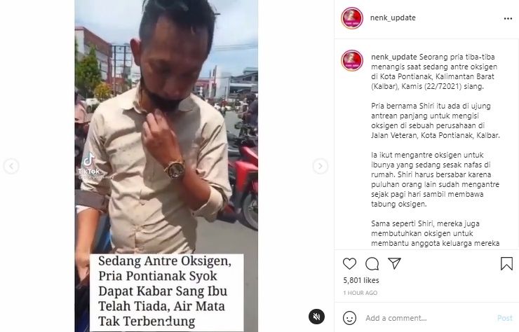 Viral Tangis Pria Pecah Saat Antre Oksigen. (Instagram/@nenk_update)