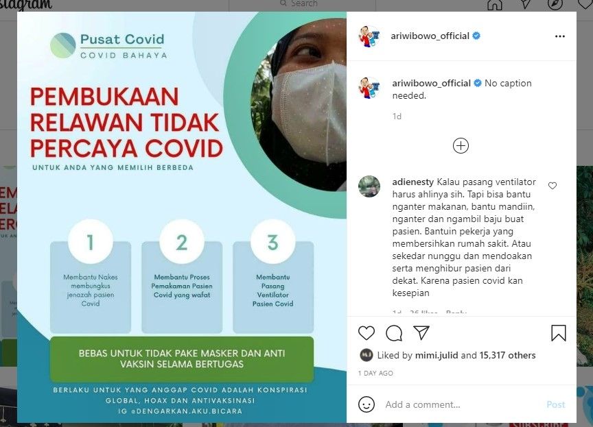 Ari Wibowo tantang orang tak percaya Covid-19 (IG)