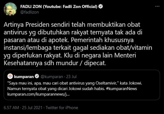 Cuitan Fadli Zon. (Twitter/Fadli Zon)