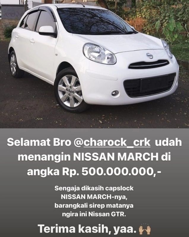 Nissa March milik Arief Muhammad yang akhirnya laku dilelang dengan harga Rp 500 juta dan kini dimiliki Chandra Kurniawan alias Charock. [Instagram]