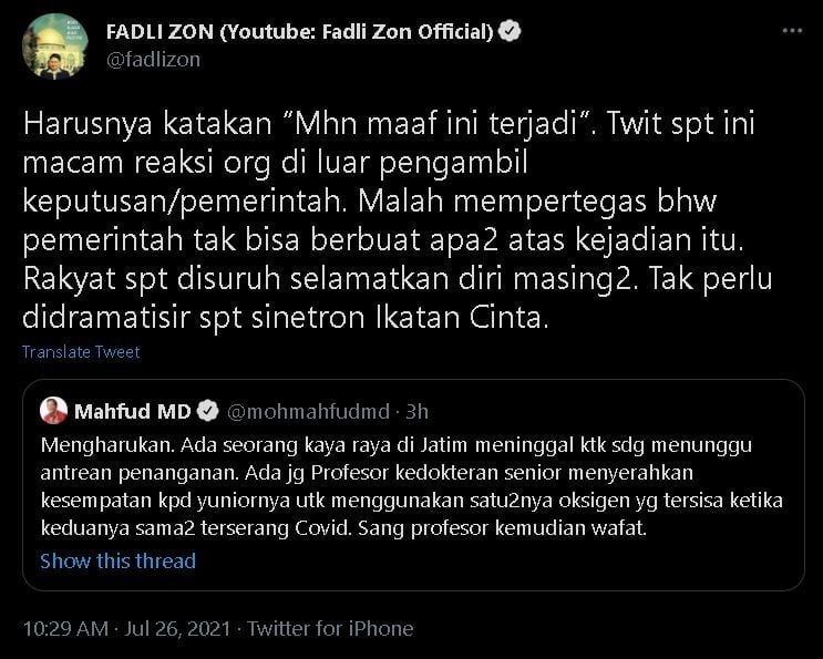 Kicauan Mahfud MD memantik sorotan Fadli Zon.(Twitter)