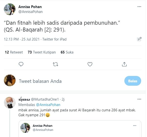 Cuitan Annisa Pohan salah kutip ayat. [Twitter/AnnisaPohan]