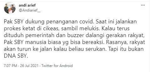 Andi Arief sebut SBY bisa gerakkan rakyat jika mau (Twitter)