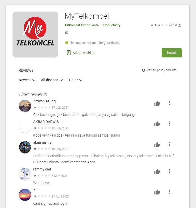 Aplikasi MyTelkomcel milik operator seluler Telkomcel Timor Leste (Google Play Store)