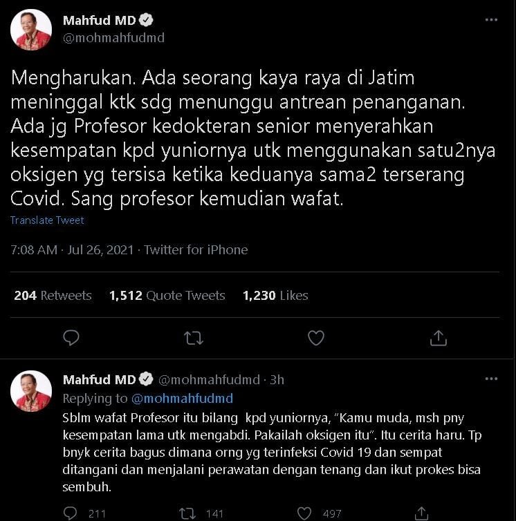 Kicauan Mahfud MD memantik sorotan Fadli Zon.(Twitter)