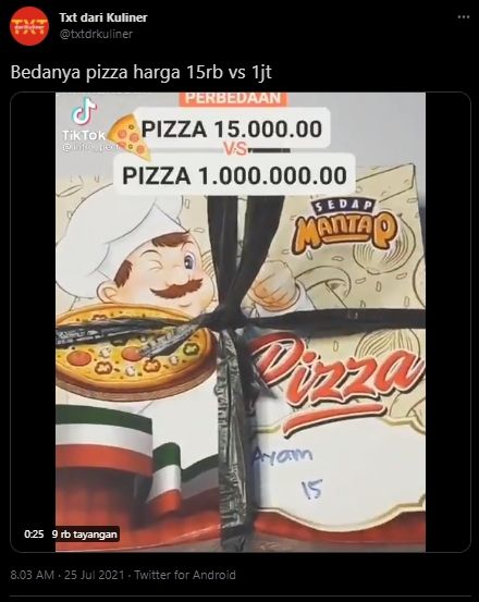 Pria Ungkap Beda Pizza Harga Rp15 ribu dengan Rp1 juta, Endingnya Malah Bikin Warganet Nyesel. (Twitter/@txtdrkuliner)