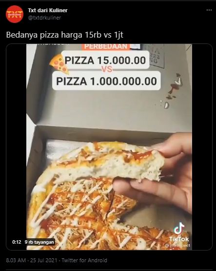Pria Ungkap Beda Pizza Harga Rp15 ribu dengan Rp1 juta, Endingnya Malah Bikin Warganet Nyesel. (Twitter/@txtdrkuliner)