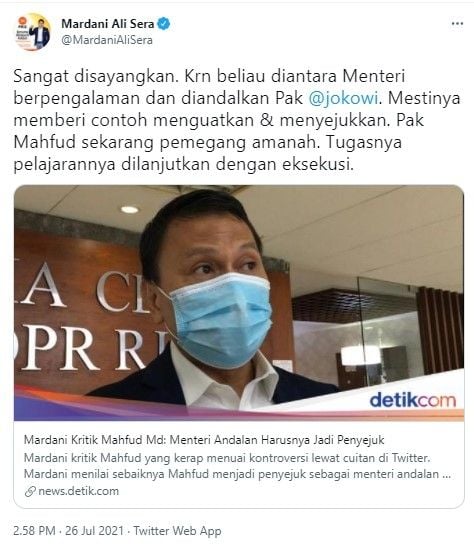 Mardani kritik cuitan Mahfud MD (Twitter/mardanialisera)