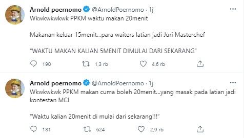 Komentar kocak Arnold Purnomo soal makan di tempat 20 menit (Twitter)