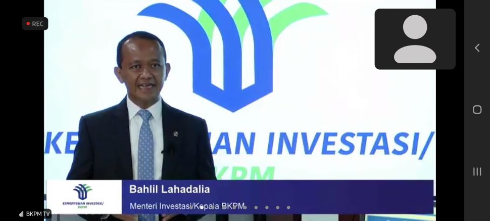 Menteri Investasi/Kepala Badan Koordinasi Penanaman Modal (BKPM) Bahlil Lahadalia. [Tangkapan layar]