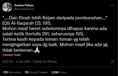 Annisa Pohan Salah Sebut Ayat Al Quran. (Twitter/@AnnisaPohan)