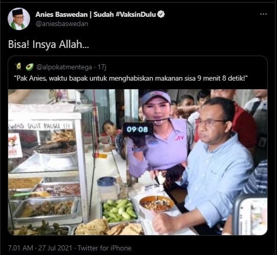 Anies Baswedan menanggapi foto meme yang viral. (Twitter/AniesBaswedan)