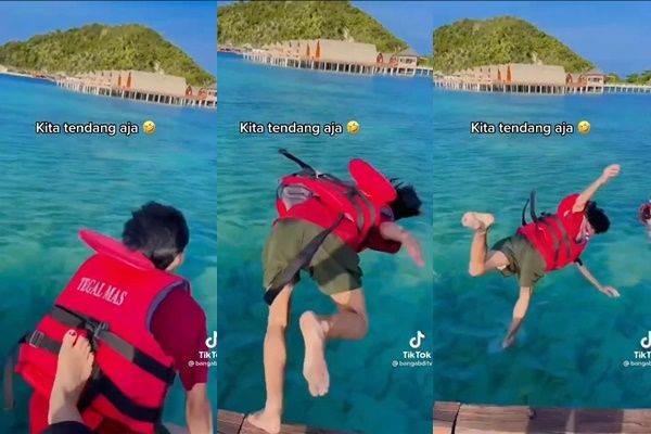 Viral Cewek Tendang Pacar yang Tak Bisa Berenang ke Laut. (TikTok/@Abdiiyyy)