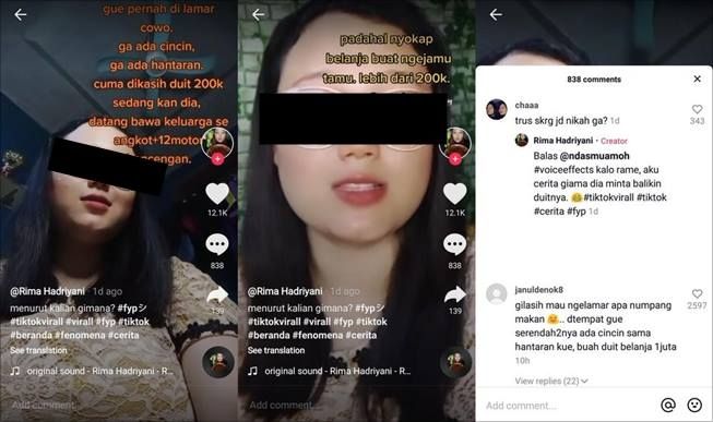 Viral wanita sindir mantan yang lamar cuma pakai uang Rp200 ribu. (TikTok/@rima_hadriyani)