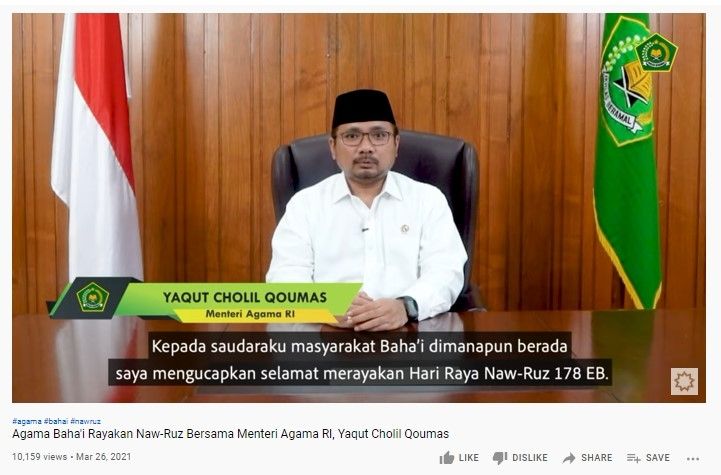 Menag Yaqut beri ucapan selamat hari raya Naw-Ruz ke masyarakat Baha'i (YouTube)