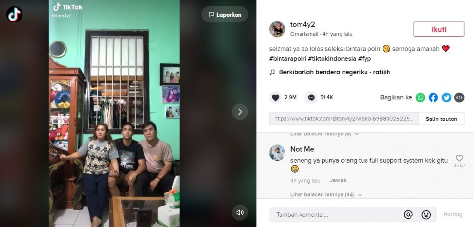 Viral Reaksi Ortu Saat Tahu Anak Lolos Bintara Polri. (TikTok/@tom4y2)