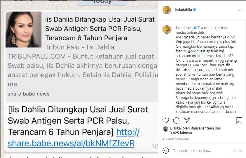 Nama Iis Dahlia dicatut dalam berita penipuan (Instagram)