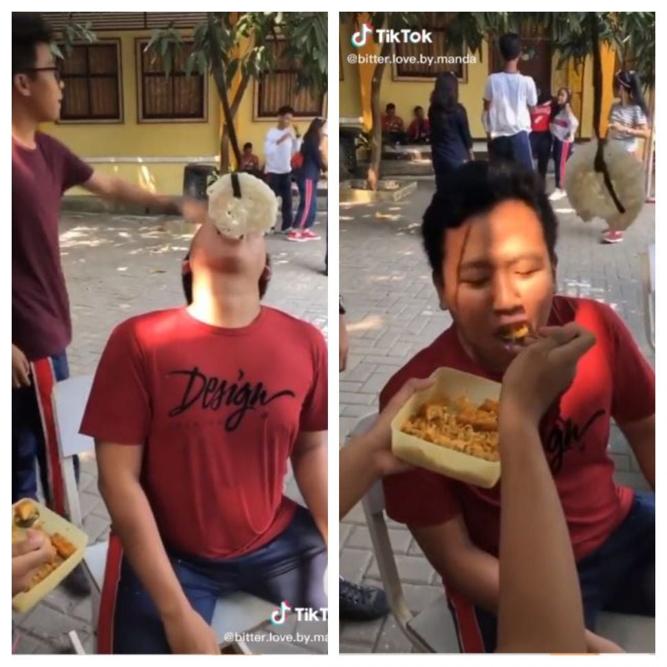 Lomba makan kerupuk sambil makan nasi (TikTok @bitter.love.by.manda)