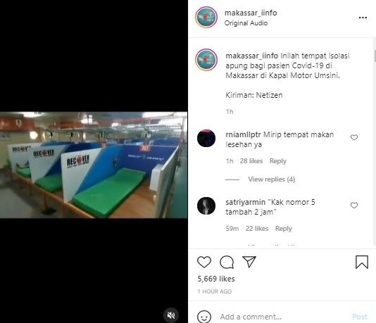 Viral Ruang Isolasi Pasien Covid-19 Mirip Bilik Warnet di Kapal. (Instagram/@makassar_iinfo)