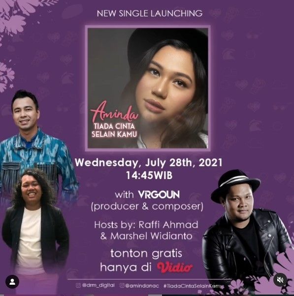 Penyanyi Aminda merilis lagu berjudul "Tiada Cinta Selain Kamu" yang dihadiri Raffi Ahmad, Marshel Widianto dan Virgoun. [Instagram]