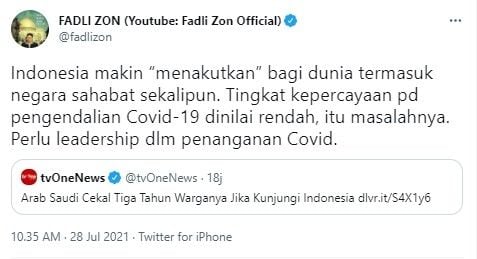 Fadli Zon sebut Indonesia makin menakutkan bagi dunia (Twitter/fadlizon)