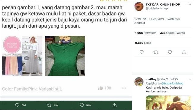 Viral ulasan wanita belanja baju online berujung kecewa. (Twitter/@txtdarionlshop)