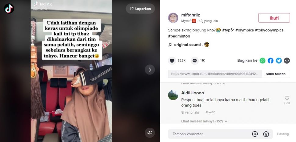 Viral Cewek Nangis Ngaku Didepak dari Olimpiade Tokyo. (TikTok/@miftahriiz)