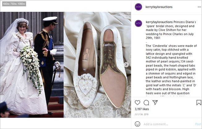 Penampakan duplikat sepatu pengantin Putri Diana. (Instagram/@kerrytaylorauctions)