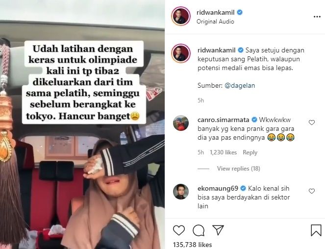 Ridwan Kamil Nimbrung Komentari Cewek Viral Yang Nangis Ngaku Didepak dari Olimpiade Tokyo. (Instagram/@ridwankamil)